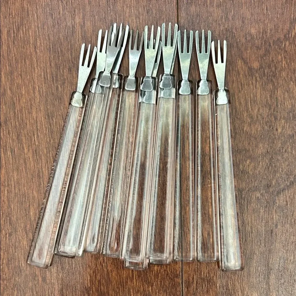 Vintage Set of 12 Clear Hors D’oeuvres Forks, Mid Century Modern Lucite Style